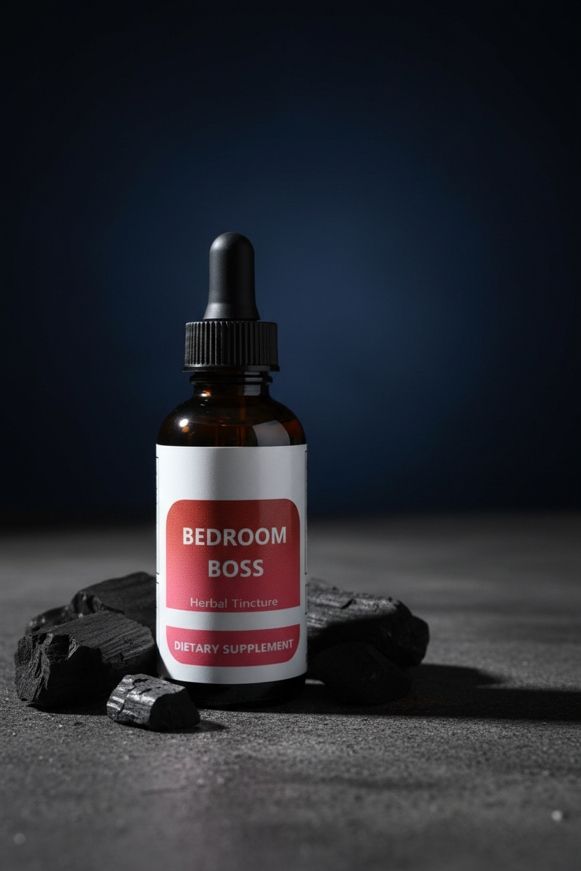 Bedroom Boss herbal tincture bottle side angle on dark concrete