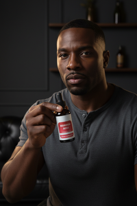 Confident Black man holding Bedroom Boss herbal tincture bottle on dark masculine background