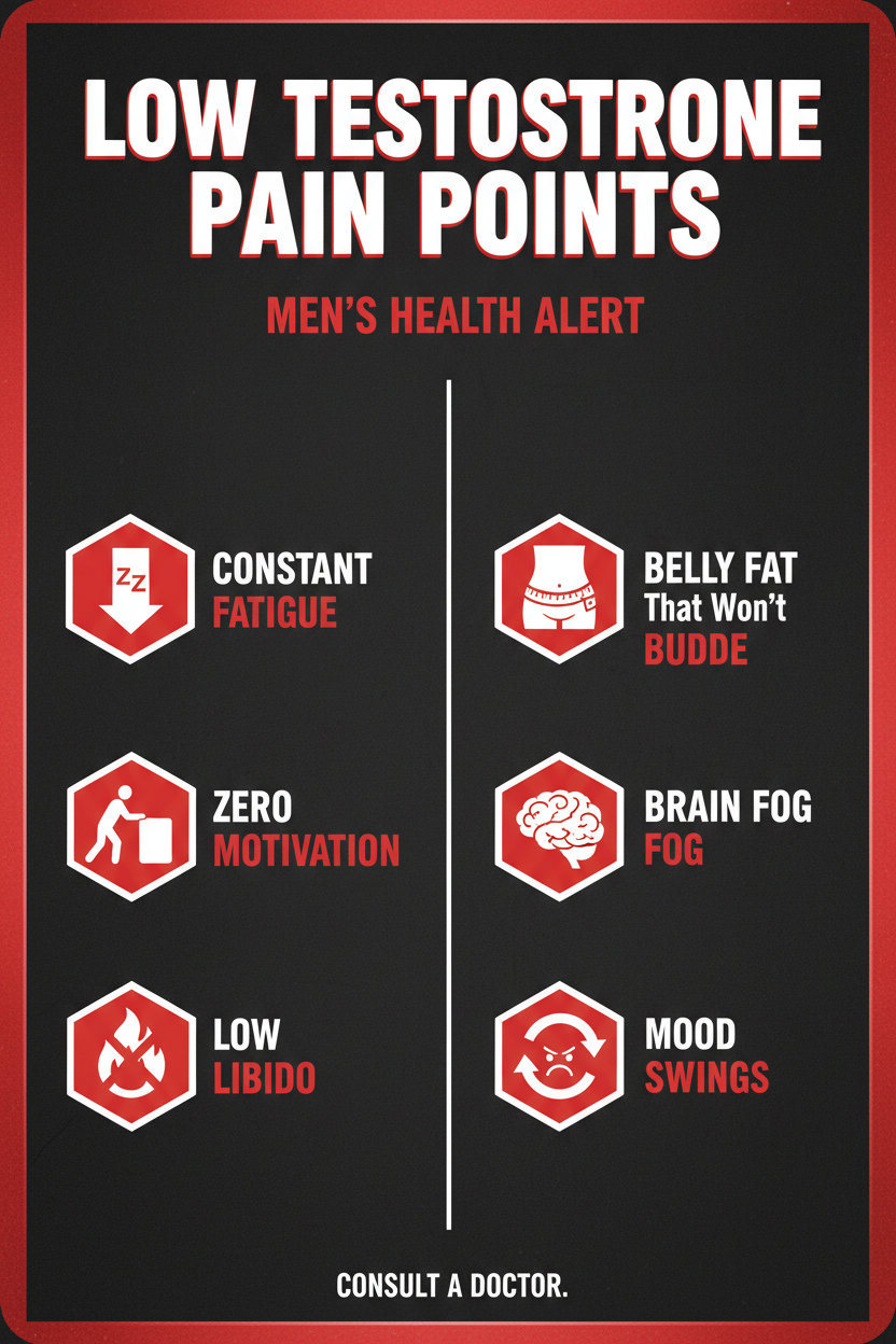 Infographic listing low testosterone pain points: fatigue, brain fog, low libido, belly fat, mood swings