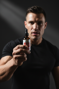 Fit man holding Bedroom Boss herbal tincture bottle on dark masculine background