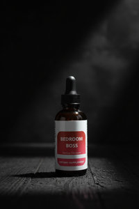 Bedroom Boss herbal tincture bottle low angle dramatic shot
