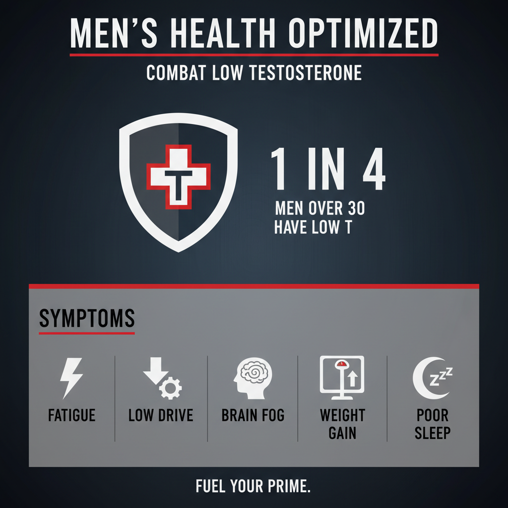 Statistics showing 1 in 4 men over 30 suffer from low testosterone with symptoms listed